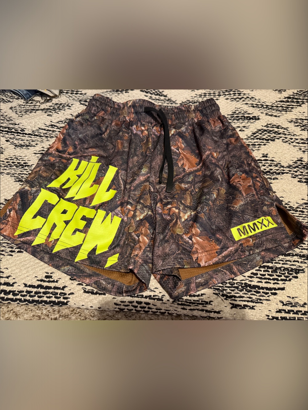 Kill Crew Brown Camouflage Athletic Shorts with Neon Yellow Logo